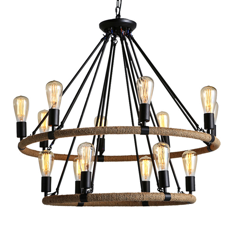 Circular Roped Pendant Lighting Country Style 14 Heads Restaurant Chandelier in Brown Clearhalo 'Cast Iron' 'Ceiling Lights' 'Chandeliers' 'Industrial Chandeliers' 'Industrial' 'Metal' 'Middle Century Chandeliers' 'Rustic Chandeliers' 'Tiffany' Lighting' 2384804