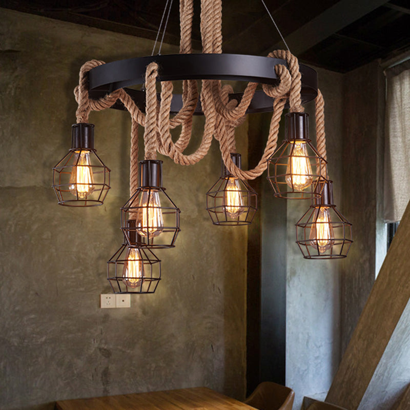 Natural Rope Brown Chandelier Geometric Shape Countryside Suspension Light Fixture Clearhalo 'Cast Iron' 'Ceiling Lights' 'Chandeliers' 'Industrial Chandeliers' 'Industrial' 'Metal' 'Middle Century Chandeliers' 'Rustic Chandeliers' 'Tiffany' Lighting' 2384805