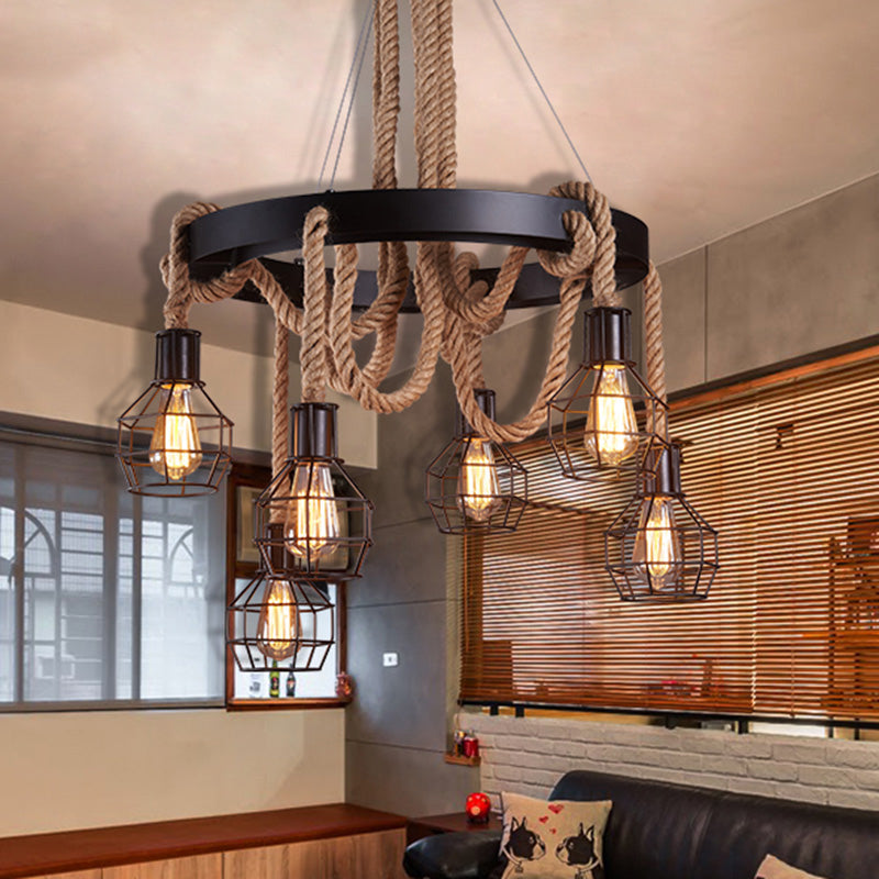 Natural Rope Brown Chandelier Geometric Shape Countryside Suspension Light Fixture 6 Brown Clearhalo 'Cast Iron' 'Ceiling Lights' 'Chandeliers' 'Industrial Chandeliers' 'Industrial' 'Metal' 'Middle Century Chandeliers' 'Rustic Chandeliers' 'Tiffany' Lighting' 2384806