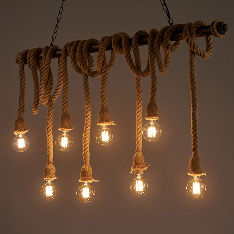 Natural Rope Brown Chandelier Geometric Shape Countryside Suspension Light Fixture Clearhalo 'Cast Iron' 'Ceiling Lights' 'Chandeliers' 'Industrial Chandeliers' 'Industrial' 'Metal' 'Middle Century Chandeliers' 'Rustic Chandeliers' 'Tiffany' Lighting' 2384809