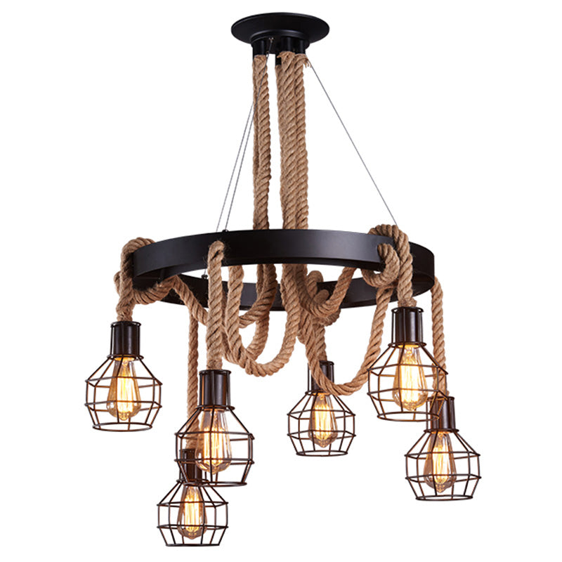 Natural Rope Brown Chandelier Geometric Shape Countryside Suspension Light Fixture Clearhalo 'Cast Iron' 'Ceiling Lights' 'Chandeliers' 'Industrial Chandeliers' 'Industrial' 'Metal' 'Middle Century Chandeliers' 'Rustic Chandeliers' 'Tiffany' Lighting' 2384810