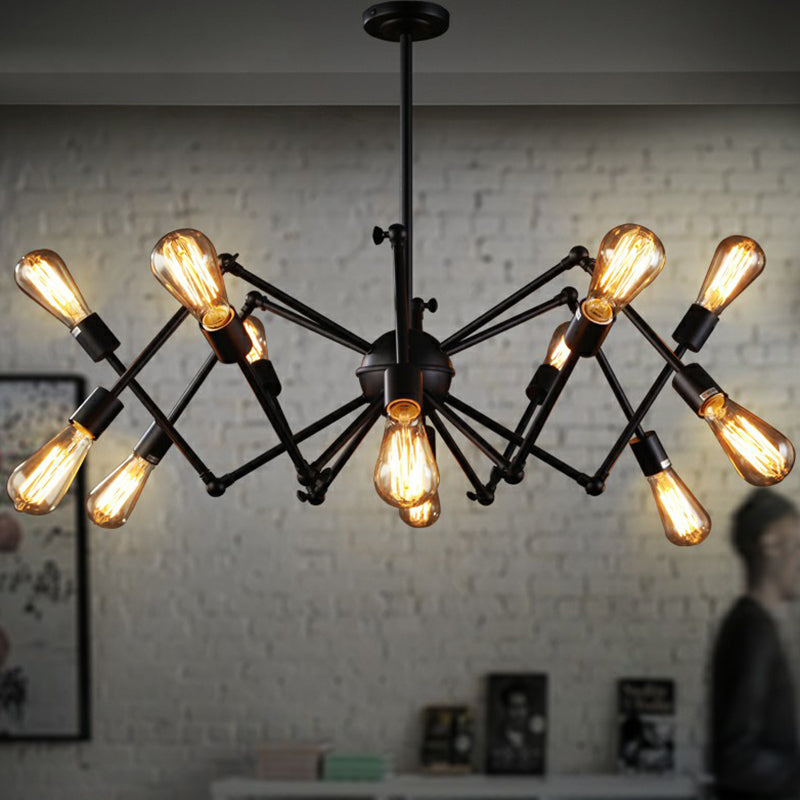 Iron Exposed Bulb Chandelier Lighting Loft Style Restaurant Hanging Lamp with Swing Arm in Black Clearhalo 'Cast Iron' 'Ceiling Lights' 'Chandeliers' 'Industrial Chandeliers' 'Industrial' 'Metal' 'Middle Century Chandeliers' 'Rustic Chandeliers' 'Tiffany' Lighting' 2384840