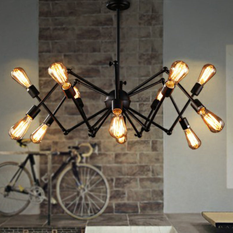 Iron Exposed Bulb Chandelier Lighting Loft Style Restaurant Hanging Lamp with Swing Arm in Black Clearhalo 'Cast Iron' 'Ceiling Lights' 'Chandeliers' 'Industrial Chandeliers' 'Industrial' 'Metal' 'Middle Century Chandeliers' 'Rustic Chandeliers' 'Tiffany' Lighting' 2384841