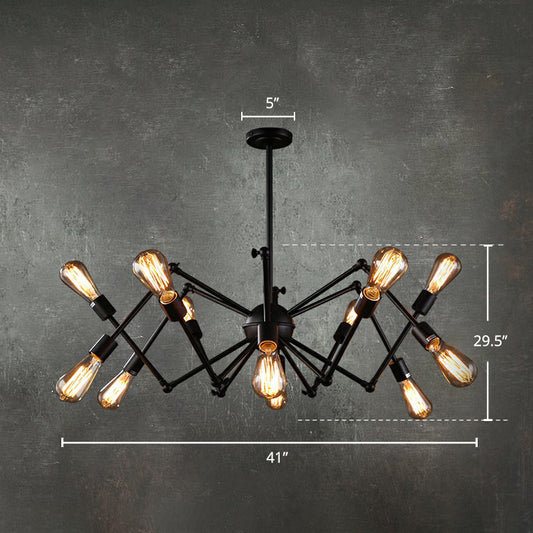 Iron Exposed Bulb Chandelier Lighting Loft Style Restaurant Hanging Lamp with Swing Arm in Black 12 Black Clearhalo 'Cast Iron' 'Ceiling Lights' 'Chandeliers' 'Industrial Chandeliers' 'Industrial' 'Metal' 'Middle Century Chandeliers' 'Rustic Chandeliers' 'Tiffany' Lighting' 2384842