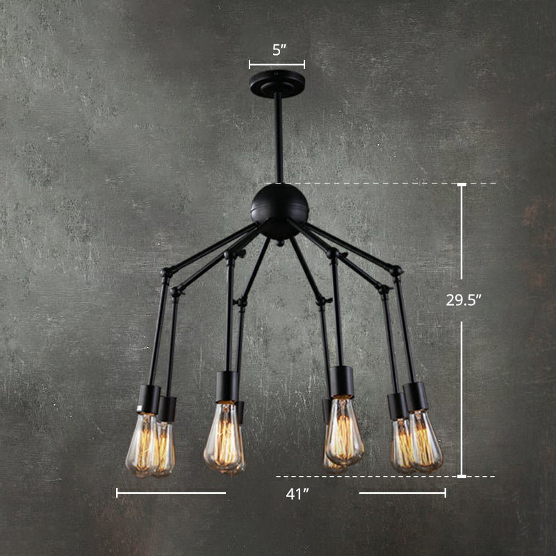 Iron Exposed Bulb Chandelier Lighting Loft Style Restaurant Hanging Lamp with Swing Arm in Black 8 Black Clearhalo 'Cast Iron' 'Ceiling Lights' 'Chandeliers' 'Industrial Chandeliers' 'Industrial' 'Metal' 'Middle Century Chandeliers' 'Rustic Chandeliers' 'Tiffany' Lighting' 2384843