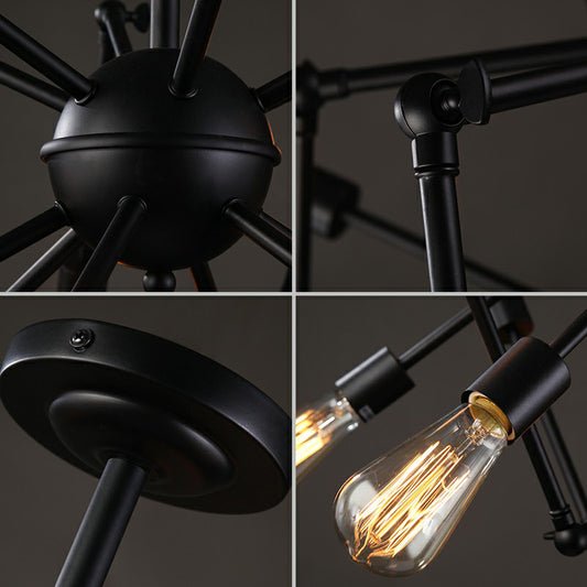 Iron Exposed Bulb Chandelier Lighting Loft Style Restaurant Hanging Lamp with Swing Arm in Black Clearhalo 'Cast Iron' 'Ceiling Lights' 'Chandeliers' 'Industrial Chandeliers' 'Industrial' 'Metal' 'Middle Century Chandeliers' 'Rustic Chandeliers' 'Tiffany' Lighting' 2384844