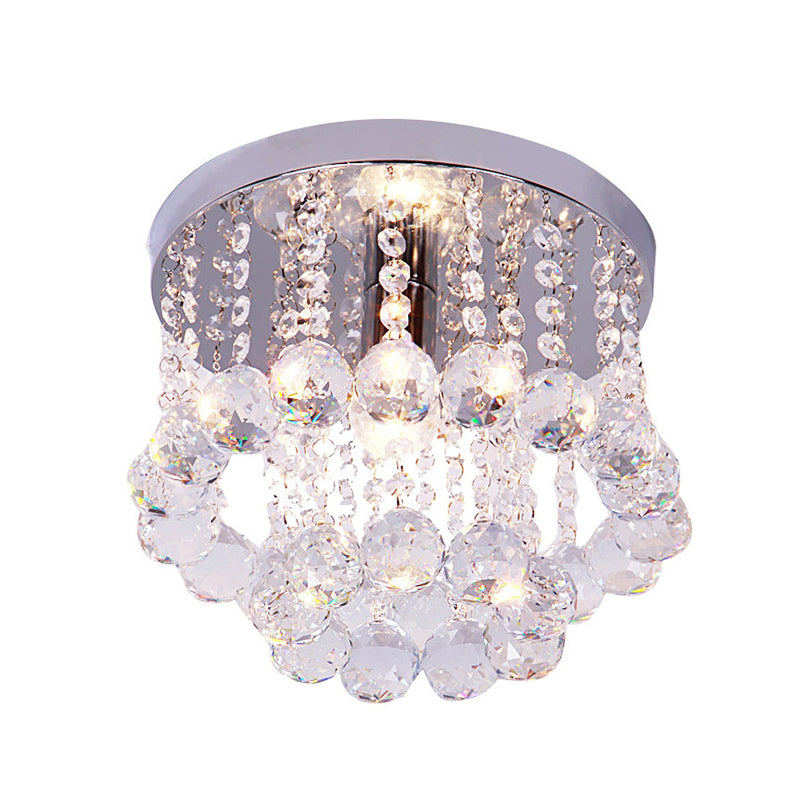 Chrome Finish Round Flushmount Light Modern Single Metal Semi Flush Mount Ceiling Fixture with Crystal Drops Chrome 8" Clearhalo 'Ceiling Lights' 'Close To Ceiling Lights' 'Close to ceiling' 'Flush mount' Lighting' 2384861