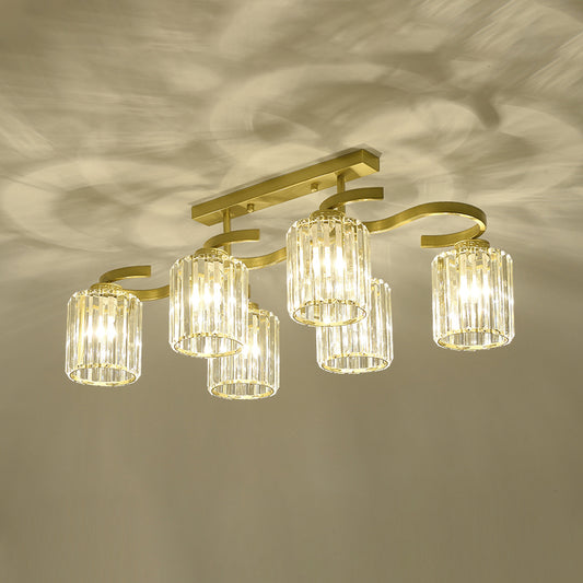 Brass Finish Semi Flush Light Simple Style Crystal Cylindrical Ceiling Mount Light for Living Room 6 Brass Clearhalo 'Ceiling Lights' 'Close To Ceiling Lights' 'Close to ceiling' 'Semi-flushmount' Lighting' 2385016