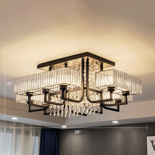 Contemporary Rectangle Ceiling Light Prismatic Crystal Living Room Semi Flush Mount Light in Black 12 Black Clearhalo 'Ceiling Lights' 'Close To Ceiling Lights' 'Close to ceiling' 'Semi-flushmount' Lighting' 2385027