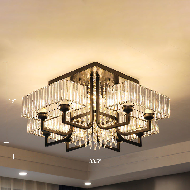 Contemporary Rectangle Ceiling Light Prismatic Crystal Living Room Semi Flush Mount Light in Black 9 Black Clearhalo 'Ceiling Lights' 'Close To Ceiling Lights' 'Close to ceiling' 'Semi-flushmount' Lighting' 2385028