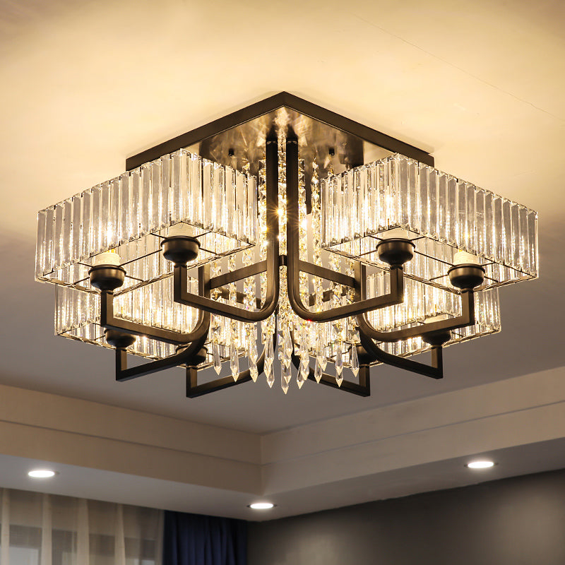 Contemporary Rectangle Ceiling Light Prismatic Crystal Living Room Semi Flush Mount Light in Black Clearhalo 'Ceiling Lights' 'Close To Ceiling Lights' 'Close to ceiling' 'Semi-flushmount' Lighting' 2385033