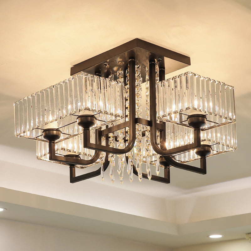 Contemporary Rectangle Ceiling Light Prismatic Crystal Living Room Semi Flush Mount Light in Black Clearhalo 'Ceiling Lights' 'Close To Ceiling Lights' 'Close to ceiling' 'Semi-flushmount' Lighting' 2385034