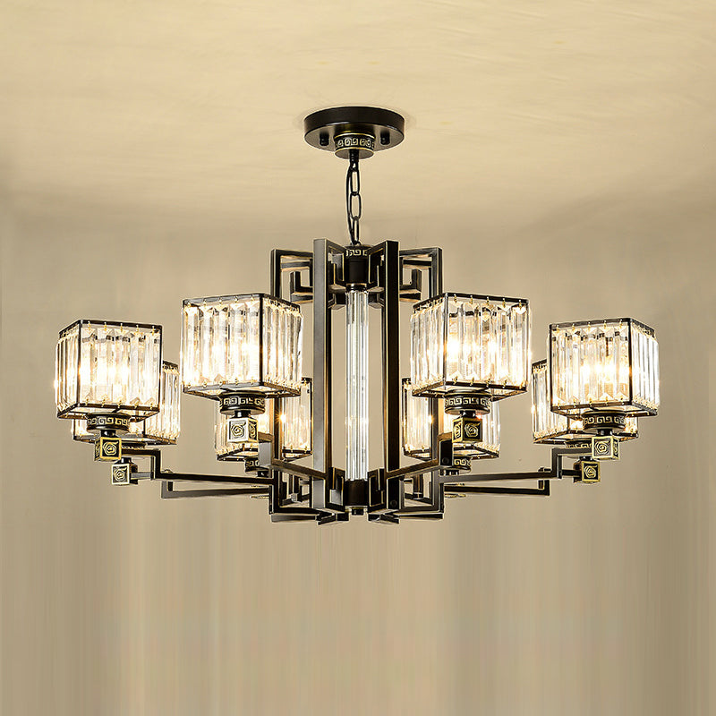 Traditional Cubic Pendant Lighting Clear Tri-Sided Glass Chandelier Light Fixture in Black 8 Black Clearhalo 'Ceiling Lights' 'Chandeliers' Lighting' options 2385080_1182cedf-4fc8-4c4b-b902-59aca46c56d4
