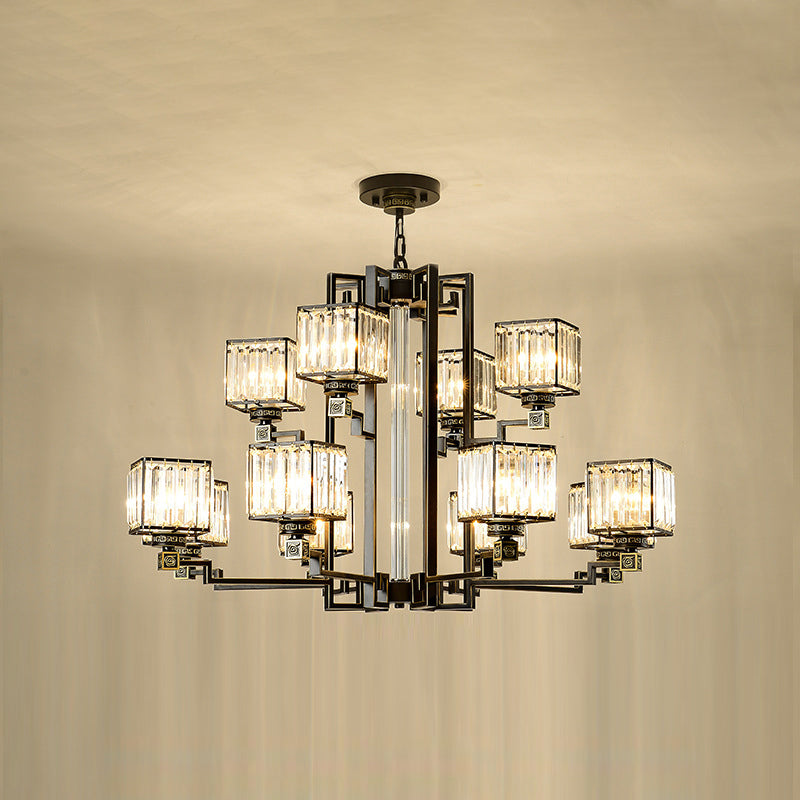 Traditional Cubic Pendant Lighting Clear Tri-Sided Glass Chandelier Light Fixture in Black 12 Black Clearhalo 'Ceiling Lights' 'Chandeliers' Lighting' options 2385082_7cb8d0ea-3c72-46d7-898e-aae2ad6ee701