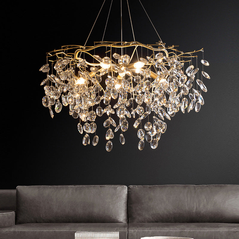 Beveled Cut Crystal Chandelier Country Brass Finish Leaf Living Room Hanging Lamp Clearhalo 'Ceiling Lights' 'Chandeliers' Lighting' options 2385092