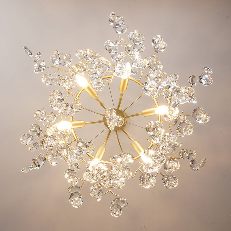 Beveled Cut Crystal Chandelier Country Brass Finish Leaf Living Room Hanging Lamp Clearhalo 'Ceiling Lights' 'Chandeliers' Lighting' options 2385093