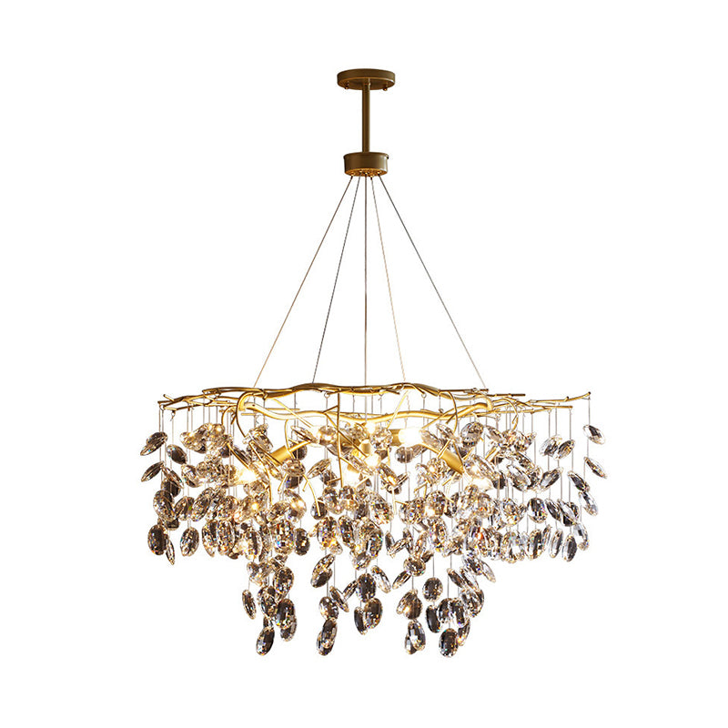 Beveled Cut Crystal Chandelier Country Brass Finish Leaf Living Room Hanging Lamp Clearhalo 'Ceiling Lights' 'Chandeliers' Lighting' options 2385094
