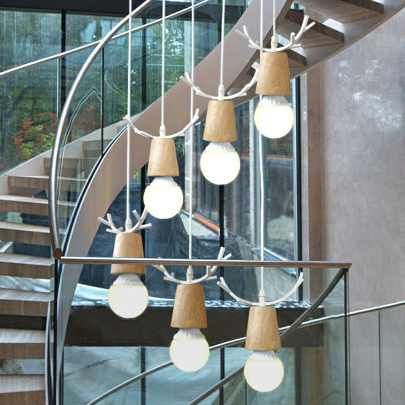 Antler Multiple Lamp Pendant Nordic Wooden Stairs Ceiling Light with Bare Bulb Design 6 White Clearhalo 'Art Deco Pendants' 'Black' 'Cast Iron' 'Ceiling Lights' 'Ceramic' 'Crystal' 'Industrial Pendants' 'Industrial' 'Metal' 'Middle Century Pendants' 'Modern Pendants' 'Modern' 'Pendant Lights' 'Pendants' 'Rustic Pendants' 'Tiffany' Lighting' 2385126