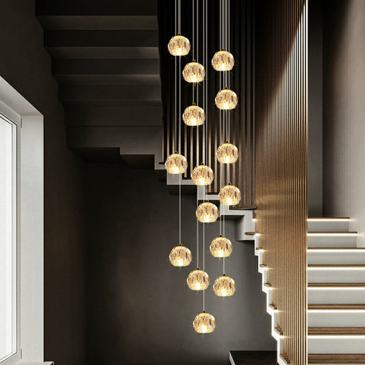Faceted Cut Crystal Ball Ceiling Lamp Minimalist Golden Cluster Pendant Light for Stairs Clearhalo 'Ceiling Lights' 'Modern Pendants' 'Modern' 'Pendant Lights' 'Pendants' Lighting' 2385137