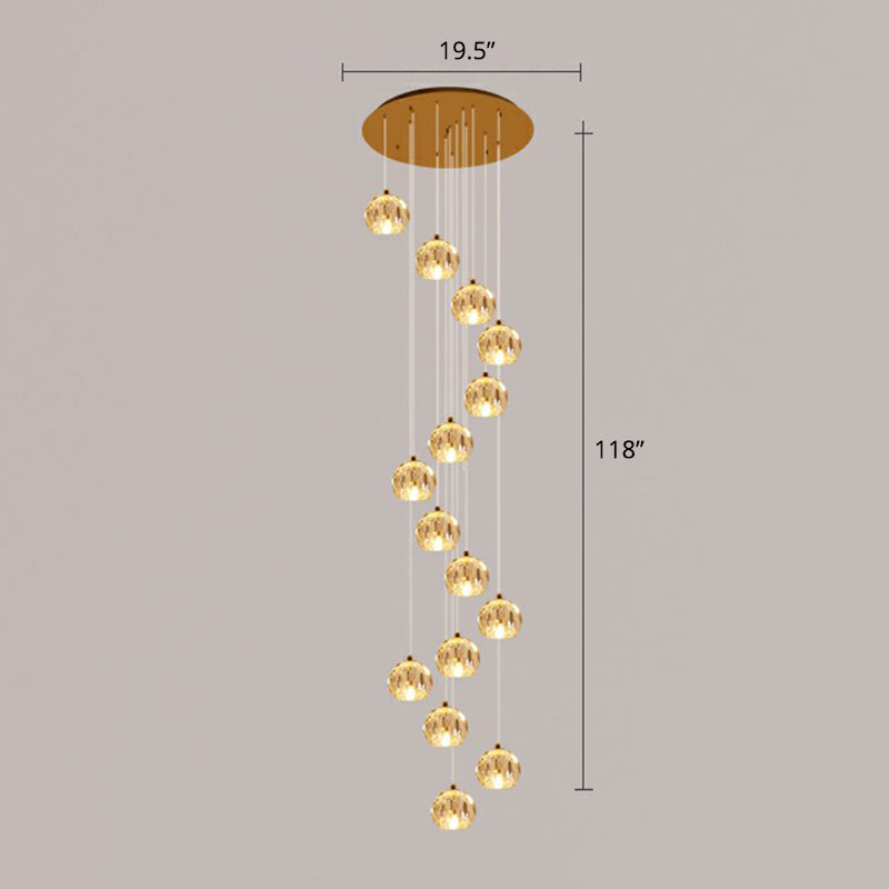 Faceted Cut Crystal Ball Ceiling Lamp Minimalist Golden Cluster Pendant Light for Stairs 15 Gold Clearhalo 'Ceiling Lights' 'Modern Pendants' 'Modern' 'Pendant Lights' 'Pendants' Lighting' 2385138