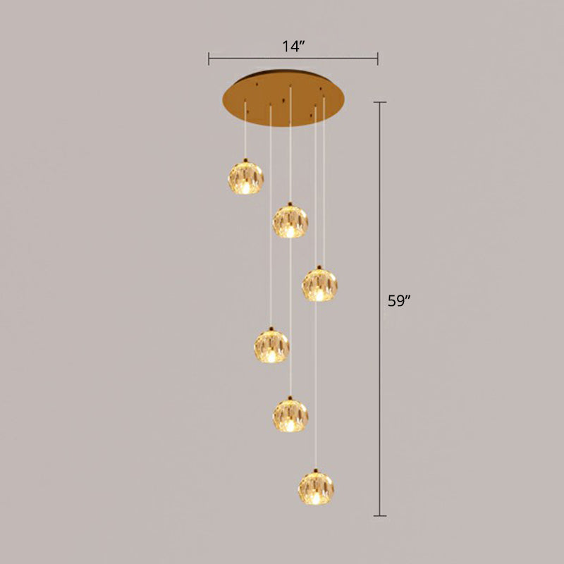 Faceted Cut Crystal Ball Ceiling Lamp Minimalist Golden Cluster Pendant Light for Stairs 6 Gold Clearhalo 'Ceiling Lights' 'Modern Pendants' 'Modern' 'Pendant Lights' 'Pendants' Lighting' 2385139