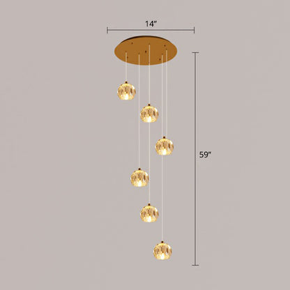 Faceted Cut Crystal Ball Ceiling Lamp Minimalist Golden Cluster Pendant Light for Stairs 6 Gold Clearhalo 'Ceiling Lights' 'Modern Pendants' 'Modern' 'Pendant Lights' 'Pendants' Lighting' 2385139