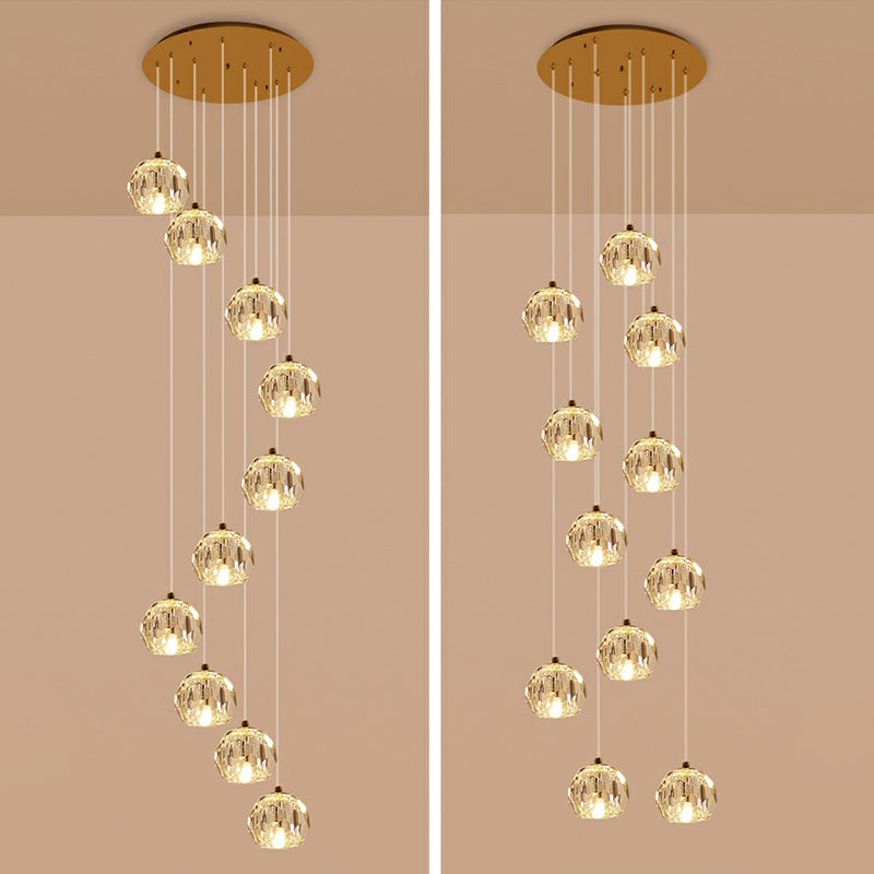 Faceted Cut Crystal Ball Ceiling Lamp Minimalist Golden Cluster Pendant Light for Stairs Clearhalo 'Ceiling Lights' 'Modern Pendants' 'Modern' 'Pendant Lights' 'Pendants' Lighting' 2385141