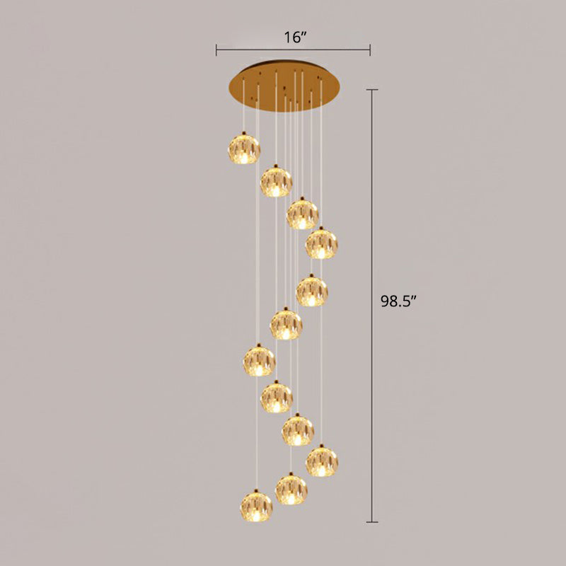 Faceted Cut Crystal Ball Ceiling Lamp Minimalist Golden Cluster Pendant Light for Stairs 12 Gold Clearhalo 'Ceiling Lights' 'Modern Pendants' 'Modern' 'Pendant Lights' 'Pendants' Lighting' 2385142