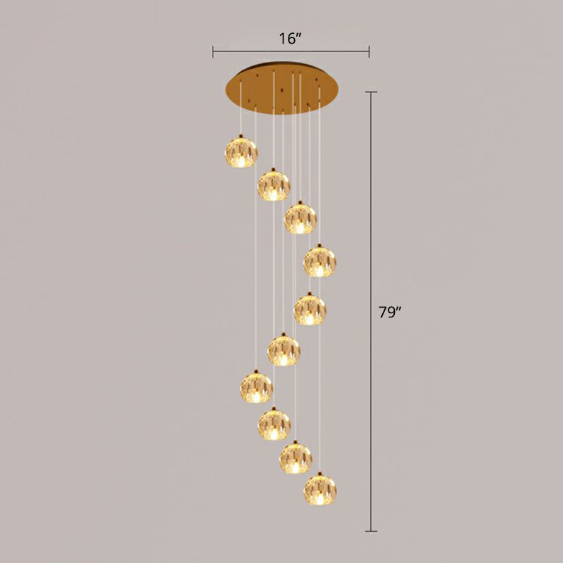 Faceted Cut Crystal Ball Ceiling Lamp Minimalist Golden Cluster Pendant Light for Stairs 10 Gold Clearhalo 'Ceiling Lights' 'Modern Pendants' 'Modern' 'Pendant Lights' 'Pendants' Lighting' 2385143