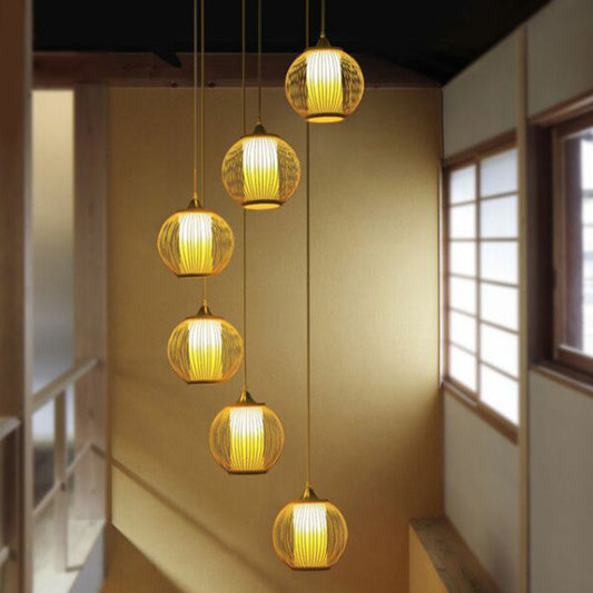 Bamboo Cage Suspension Light Asian Beige Multiple Hanging Pendant Light for Stairway 6 Beige Round Clearhalo 'Ceiling Lights' 'Modern Pendants' 'Modern' 'Pendant Lights' 'Pendants' Lighting' 2385173