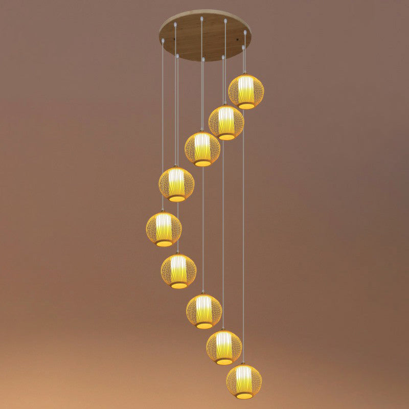 Bamboo Cage Suspension Light Asian Beige Multiple Hanging Pendant Light for Stairway 9 Beige Round Clearhalo 'Ceiling Lights' 'Modern Pendants' 'Modern' 'Pendant Lights' 'Pendants' Lighting' 2385174