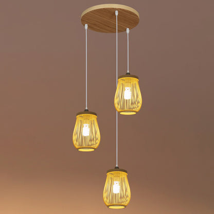 Bamboo Cage Suspension Light Asian Beige Multiple Hanging Pendant Light for Stairway 3 Beige Oval Clearhalo 'Ceiling Lights' 'Modern Pendants' 'Modern' 'Pendant Lights' 'Pendants' Lighting' 2385175
