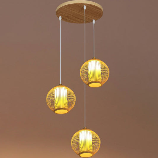 Bamboo Cage Suspension Light Asian Beige Multiple Hanging Pendant Light for Stairway 3 Beige Round Clearhalo 'Ceiling Lights' 'Modern Pendants' 'Modern' 'Pendant Lights' 'Pendants' Lighting' 2385177