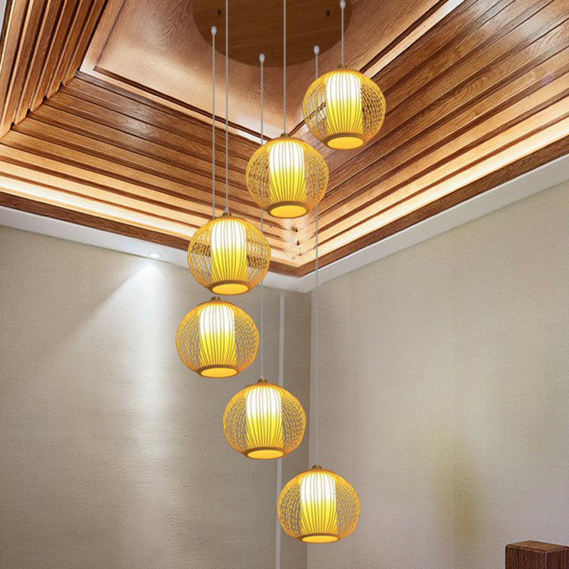 Bamboo Cage Suspension Light Asian Beige Multiple Hanging Pendant Light for Stairway Clearhalo 'Ceiling Lights' 'Modern Pendants' 'Modern' 'Pendant Lights' 'Pendants' Lighting' 2385178
