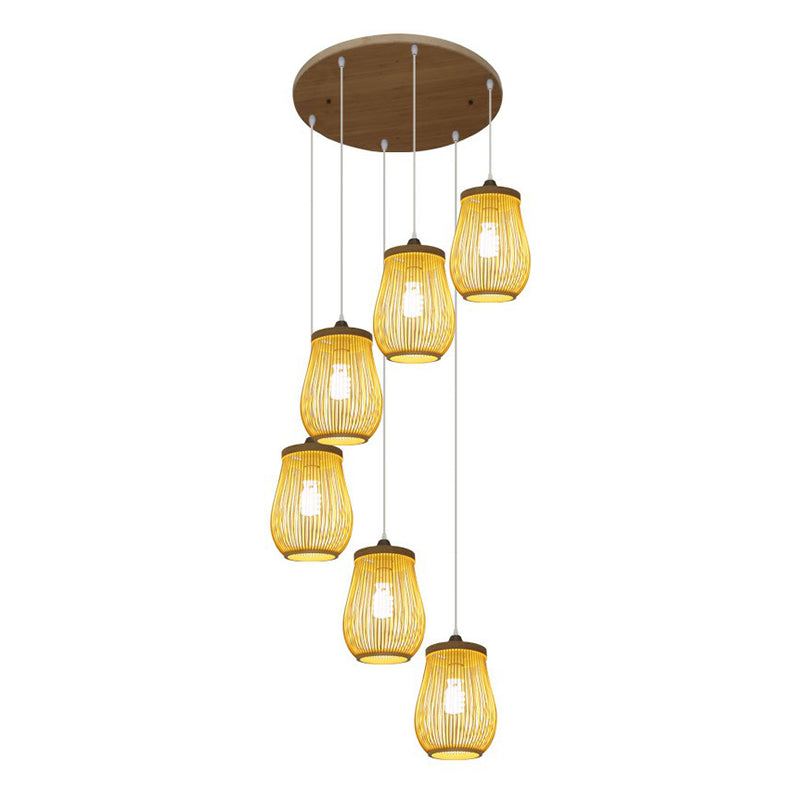 Bamboo Cage Suspension Light Asian Beige Multiple Hanging Pendant Light for Stairway Clearhalo 'Ceiling Lights' 'Modern Pendants' 'Modern' 'Pendant Lights' 'Pendants' Lighting' 2385179