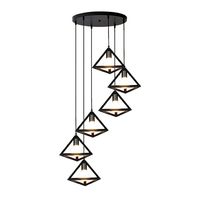 6-Light Cluster Pendant Loft Style Stairs Ceiling Lamp with Tetrahedron Cage Metal Shade in Black Black Clearhalo 'Ceiling Lights' 'Modern Pendants' 'Modern' 'Pendant Lights' 'Pendants' Lighting' 2385181