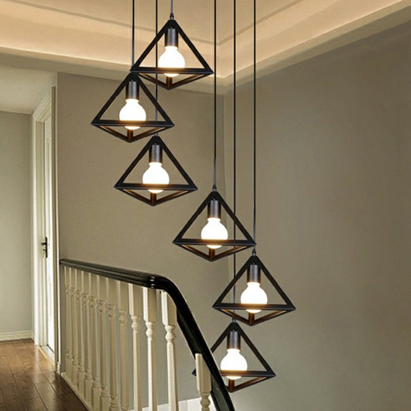 6-Light Cluster Pendant Loft Style Stairs Ceiling Lamp with Tetrahedron Cage Metal Shade in Black Clearhalo 'Ceiling Lights' 'Modern Pendants' 'Modern' 'Pendant Lights' 'Pendants' Lighting' 2385182