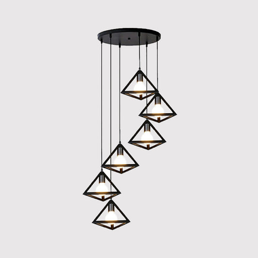 6-Light Cluster Pendant Loft Style Stairs Ceiling Lamp with Tetrahedron Cage Metal Shade in Black Clearhalo 'Ceiling Lights' 'Modern Pendants' 'Modern' 'Pendant Lights' 'Pendants' Lighting' 2385184