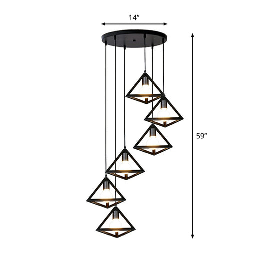 6-Light Cluster Pendant Loft Style Stairs Ceiling Lamp with Tetrahedron Cage Metal Shade in Black Clearhalo 'Ceiling Lights' 'Modern Pendants' 'Modern' 'Pendant Lights' 'Pendants' Lighting' 2385185