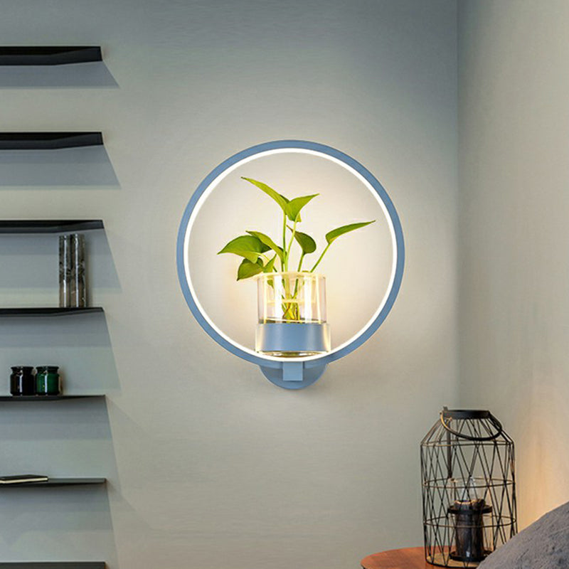 Artistic Loop Shaped Wall Lamp Metal Bedside Wall Sconce Light with Clear Glass Plant Pot Blue Round Clearhalo 'Wall Lamps & Sconces' 'Wall Lights' Lighting' 2385249