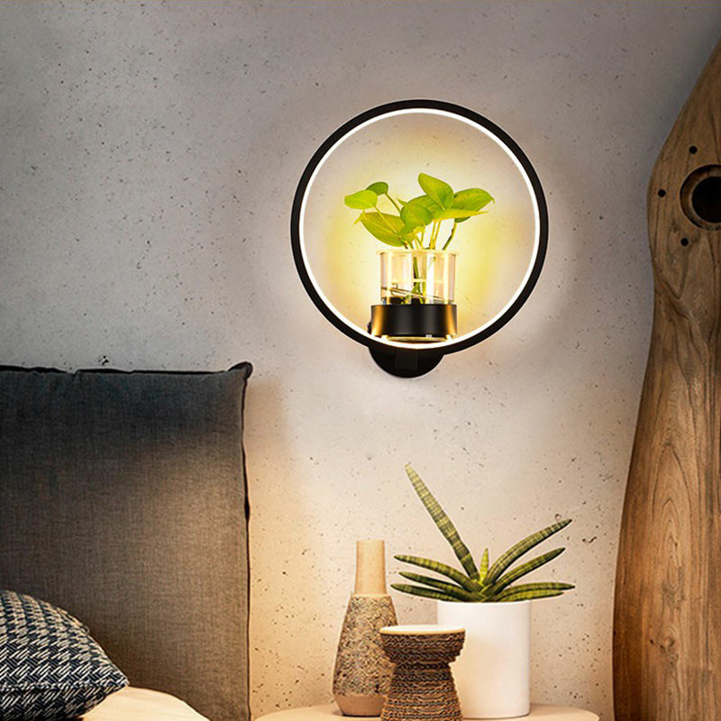 Artistic Loop Shaped Wall Lamp Metal Bedside Wall Sconce Light with Clear Glass Plant Pot Black Round Clearhalo 'Wall Lamps & Sconces' 'Wall Lights' Lighting' 2385252