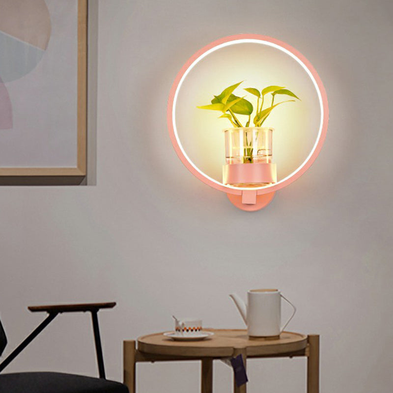 Artistic Loop Shaped Wall Lamp Metal Bedside Wall Sconce Light with Clear Glass Plant Pot Pink Round Clearhalo 'Wall Lamps & Sconces' 'Wall Lights' Lighting' 2385254