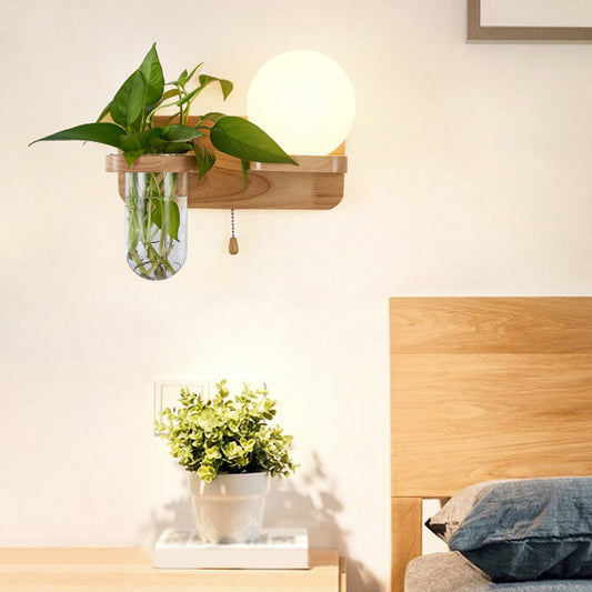 Cream Glass Geometric Wall Sconce Art Deco 1 Head Wall Mounted Light with Plant Container and Wooden Shelf Clearhalo 'Wall Lamps & Sconces' 'Wall Lights' Lighting' 2385266