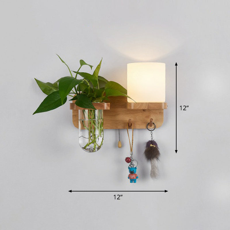 Cream Glass Geometric Wall Sconce Art Deco 1 Head Wall Mounted Light with Plant Container and Wooden Shelf Light Wood Square Right Clearhalo 'Wall Lamps & Sconces' 'Wall Lights' Lighting' 2385271