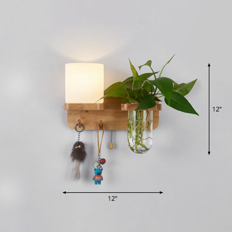 Cream Glass Geometric Wall Sconce Art Deco 1 Head Wall Mounted Light with Plant Container and Wooden Shelf Light Wood Square Left Clearhalo 'Wall Lamps & Sconces' 'Wall Lights' Lighting' 2385272