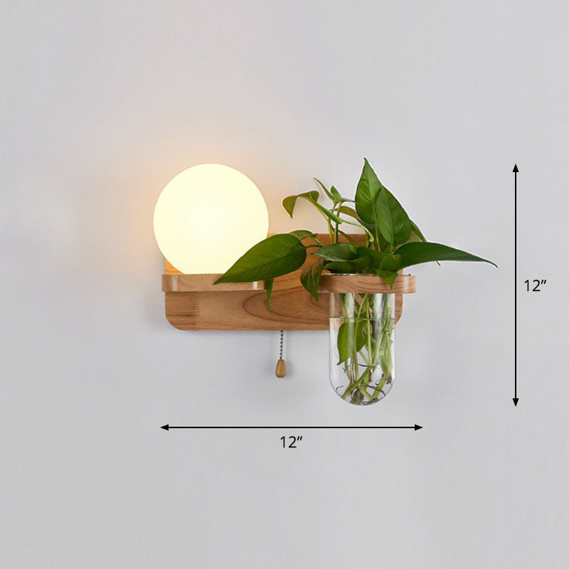 Cream Glass Geometric Wall Sconce Art Deco 1 Head Wall Mounted Light with Plant Container and Wooden Shelf Wood Round Left Clearhalo 'Wall Lamps & Sconces' 'Wall Lights' Lighting' 2385273