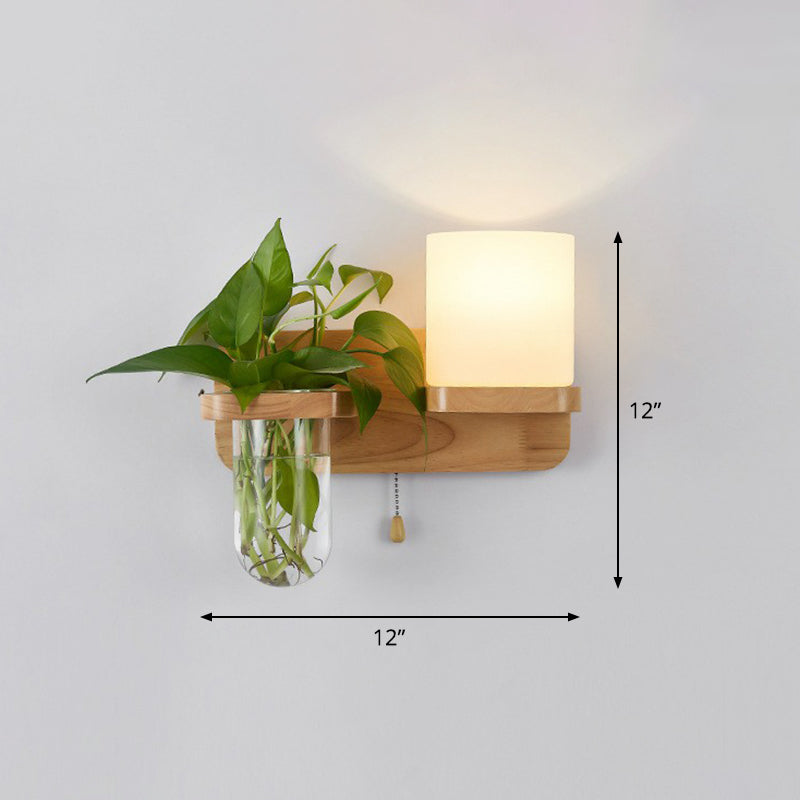 Cream Glass Geometric Wall Sconce Art Deco 1 Head Wall Mounted Light with Plant Container and Wooden Shelf Wood Square Right Clearhalo 'Wall Lamps & Sconces' 'Wall Lights' Lighting' 2385274