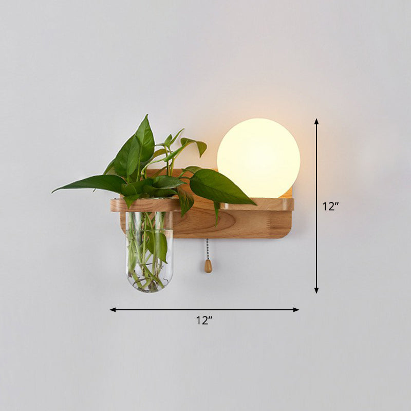Cream Glass Geometric Wall Sconce Art Deco 1 Head Wall Mounted Light with Plant Container and Wooden Shelf Wood Round Right Clearhalo 'Wall Lamps & Sconces' 'Wall Lights' Lighting' 2385278