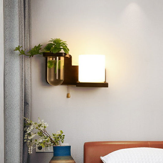 Decorative Geometric Wall Lighting Ivory Glass 1-Light Bedside Sconce with Plant Container Clearhalo 'Wall Lamps & Sconces' 'Wall Lights' Lighting' 2385282