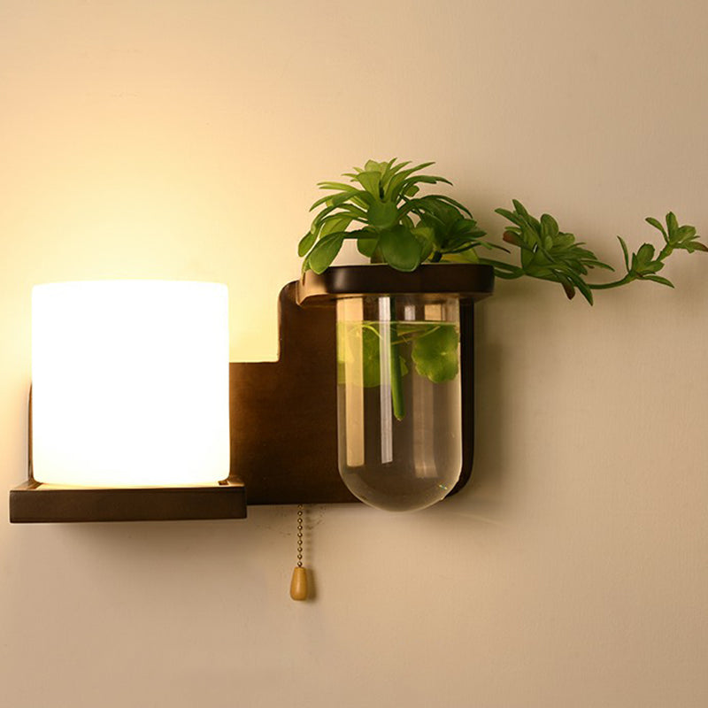 Decorative Geometric Wall Lighting Ivory Glass 1-Light Bedside Sconce with Plant Container Brown Cylinder Clearhalo 'Wall Lamps & Sconces' 'Wall Lights' Lighting' 2385283